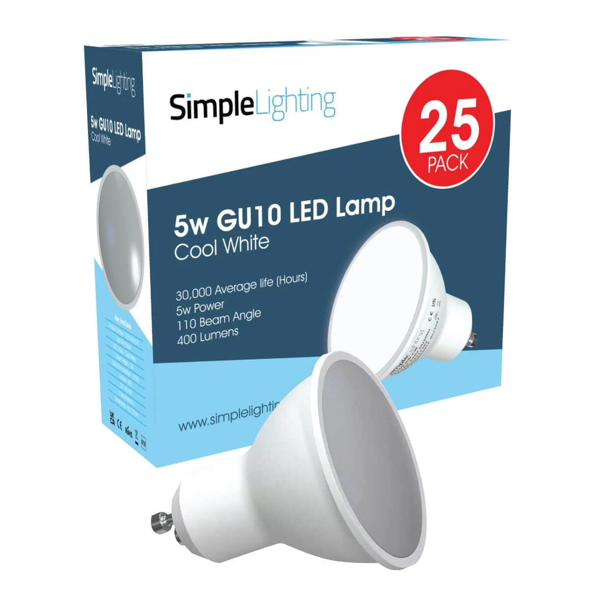 25 Pack GU10 LED Bulbs - 40w Replacement 1 25 Pack GU10 LED Bulbs - 40w Replacement