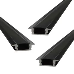 Pack Of 3 Black Aluminium Profiles, Recessed With Cover And End Caps, 2M