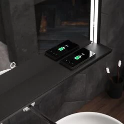 Element LED Bathroom Mirror, Black, With Shelf And QI Wireless Charger, 800x600mm -LED Downlights Store 700x700 se30498t0 element qi charger