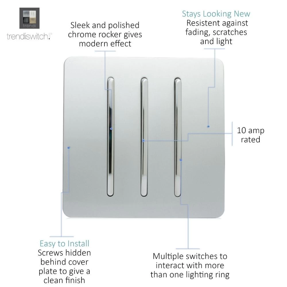 Trendi 3 Gang 2 Way Artistic Modern Screwless 10 Amp Rocker Light Switch Silver 2 Trendi 3 Gang 2 Way Artistic Modern Screwless 10 Amp Rocker Light Switch Silver - Image 2