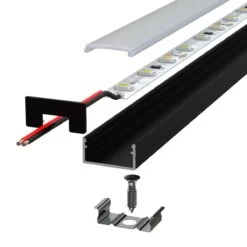 2m, LED Profile, Black Slimline With Diffuser, Incl End Caps And Brackets -LED Downlights Store black led profile with opal cover exploded view 1