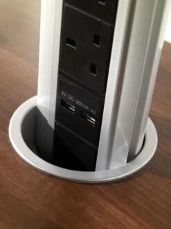 Stainless Steel Pop Up Plug Socket With USB Charging & 3 X UK Plug Sockets -LED Downlights Store close up pop up plug socket 2