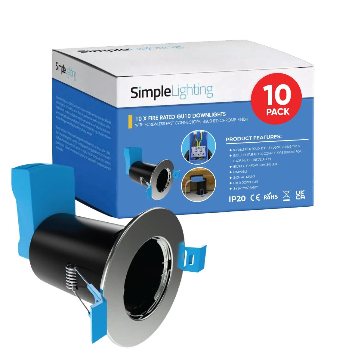 Multi Pack Of 10 Fire Rated Downlights With Quick Connectors - Brushed Chrome/Satin Nickel 1 Multi Pack Of 10 Fire Rated Downlights With Quick Connectors - Brushed Chrome/Satin Nickel