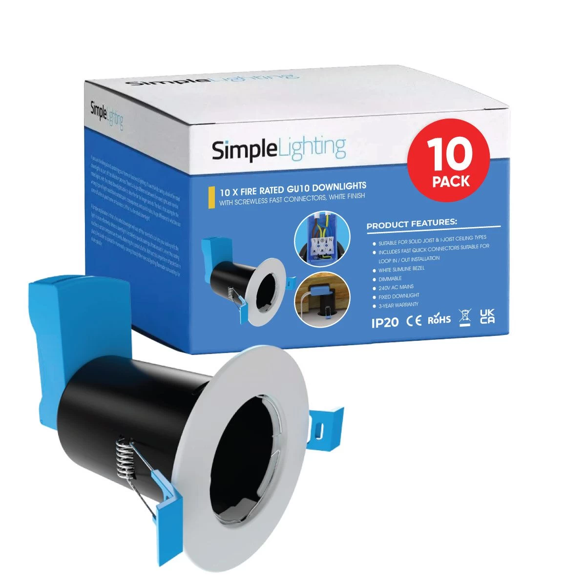 Multi Pack 10 Fire Rated Downlights - White Finish, With Quick Connectors 1 Multi Pack 10 Fire Rated Downlights - White Finish, With Quick Connectors
