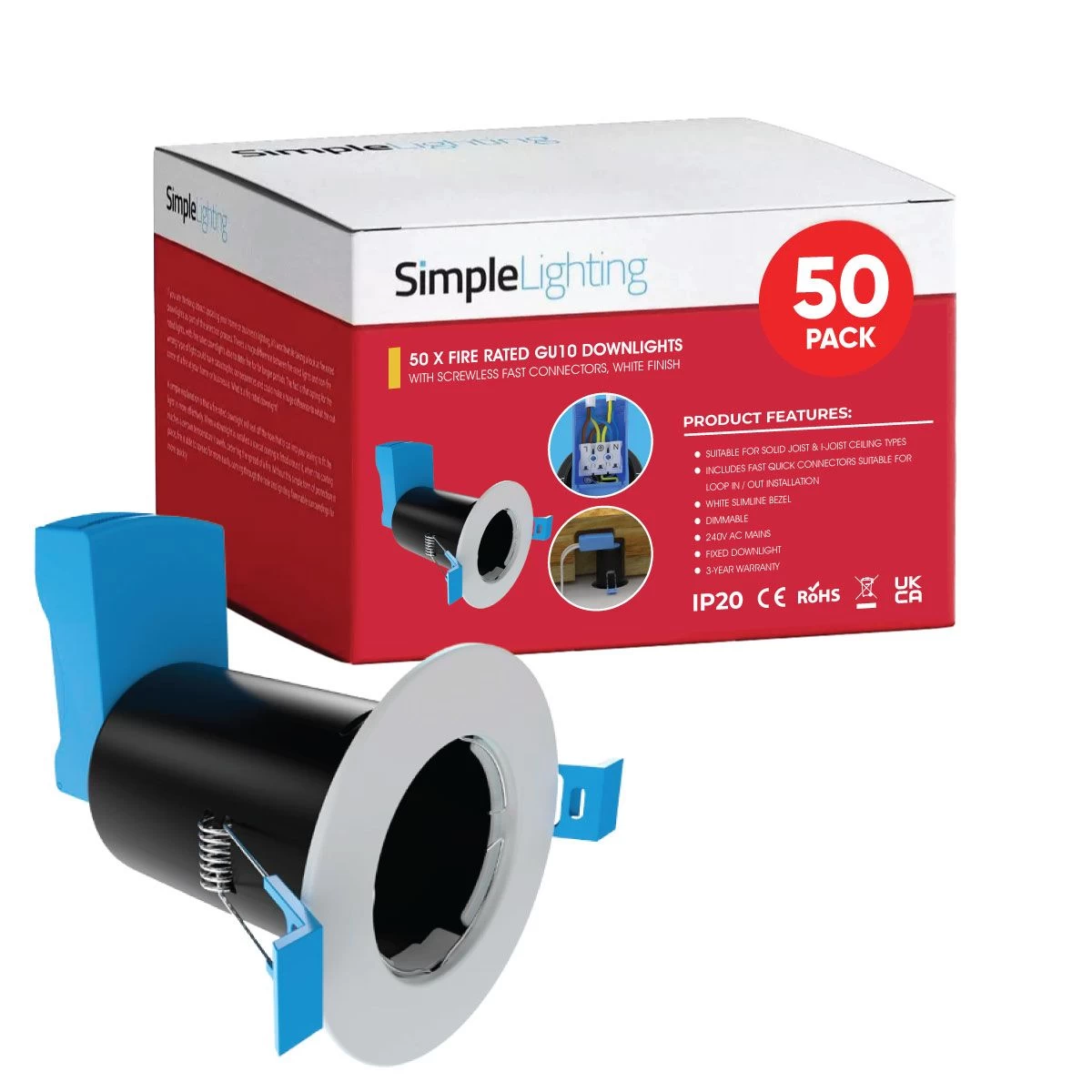 Multi Pack Of 50 Fire Rated Downlights - White Finish, Includes Quick Connectors 1 Multi Pack Of 50 Fire Rated Downlights - White Finish, Includes Quick Connectors