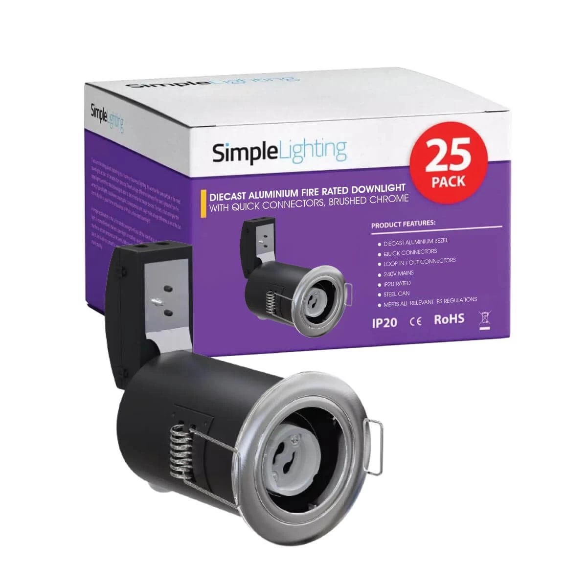 Pack Of 25 Fire Rated Fixed GU10 Downlights In A Brushed Chrome Finish 1 Pack Of 25 Fire Rated Fixed GU10 Downlights In A Brushed Chrome Finish