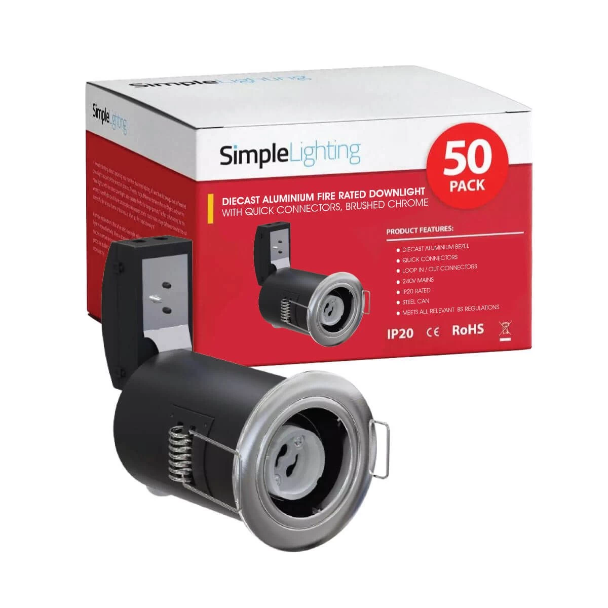 Pack Of 50 GU10 Fire Rated Fixed Downlights In A Brushed Chrome Finish 1 Pack Of 50 GU10 Fire Rated Fixed Downlights In A Brushed Chrome Finish