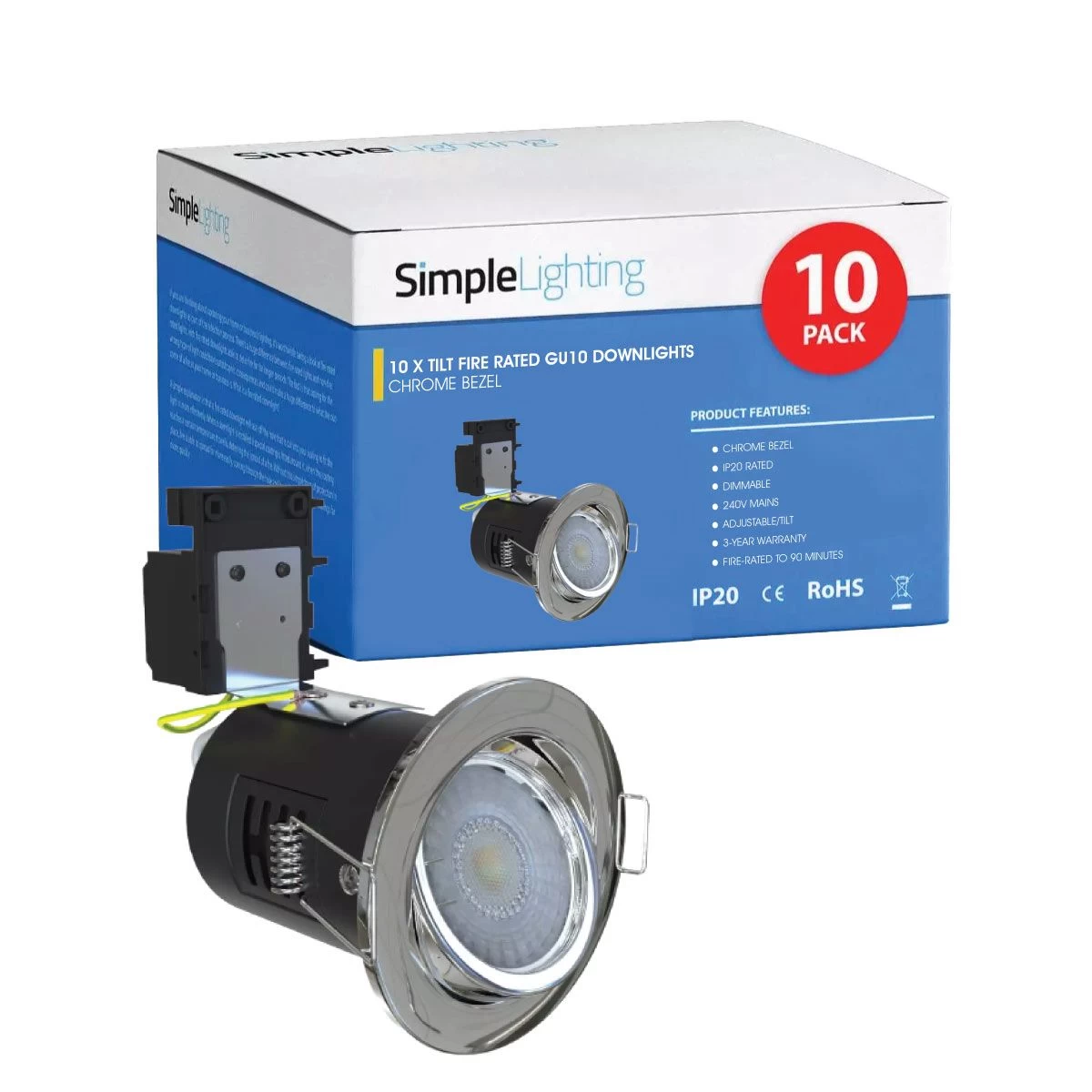 10 X Tilt Fire Rated GU10 Downlights, Chrome Bezel 1 10 X Tilt Fire Rated GU10 Downlights, Chrome Bezel