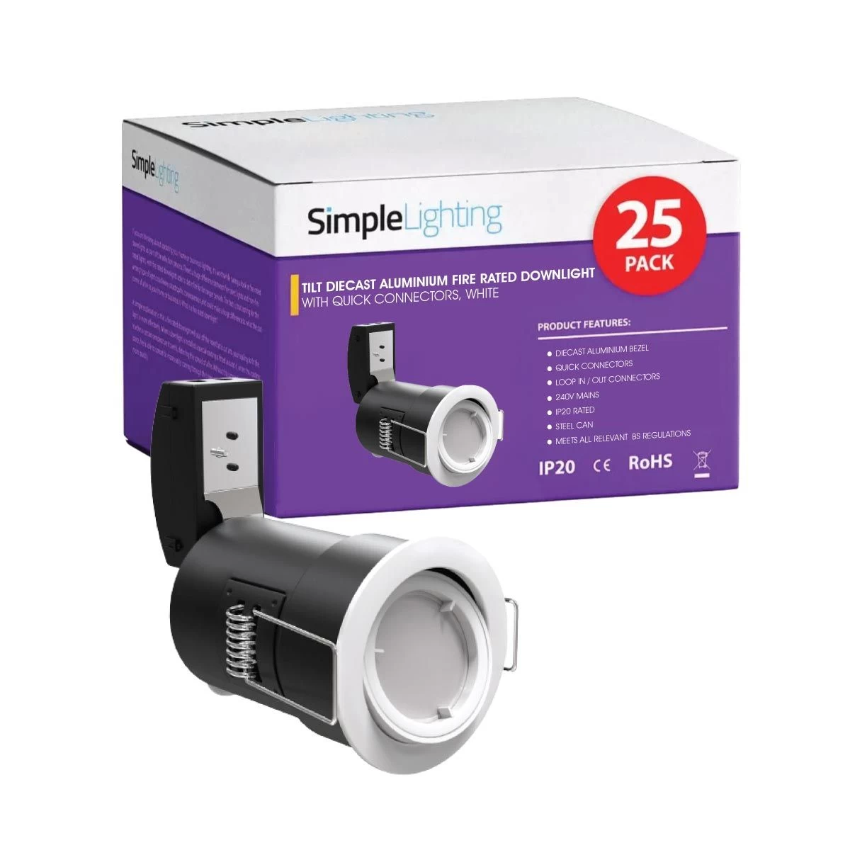 Pack Of 25 Die-Cast Tilt GU10 Fire Rated Downlights With A White Finish 1 Pack Of 25 Die-Cast Tilt GU10 Fire Rated Downlights With A White Finish