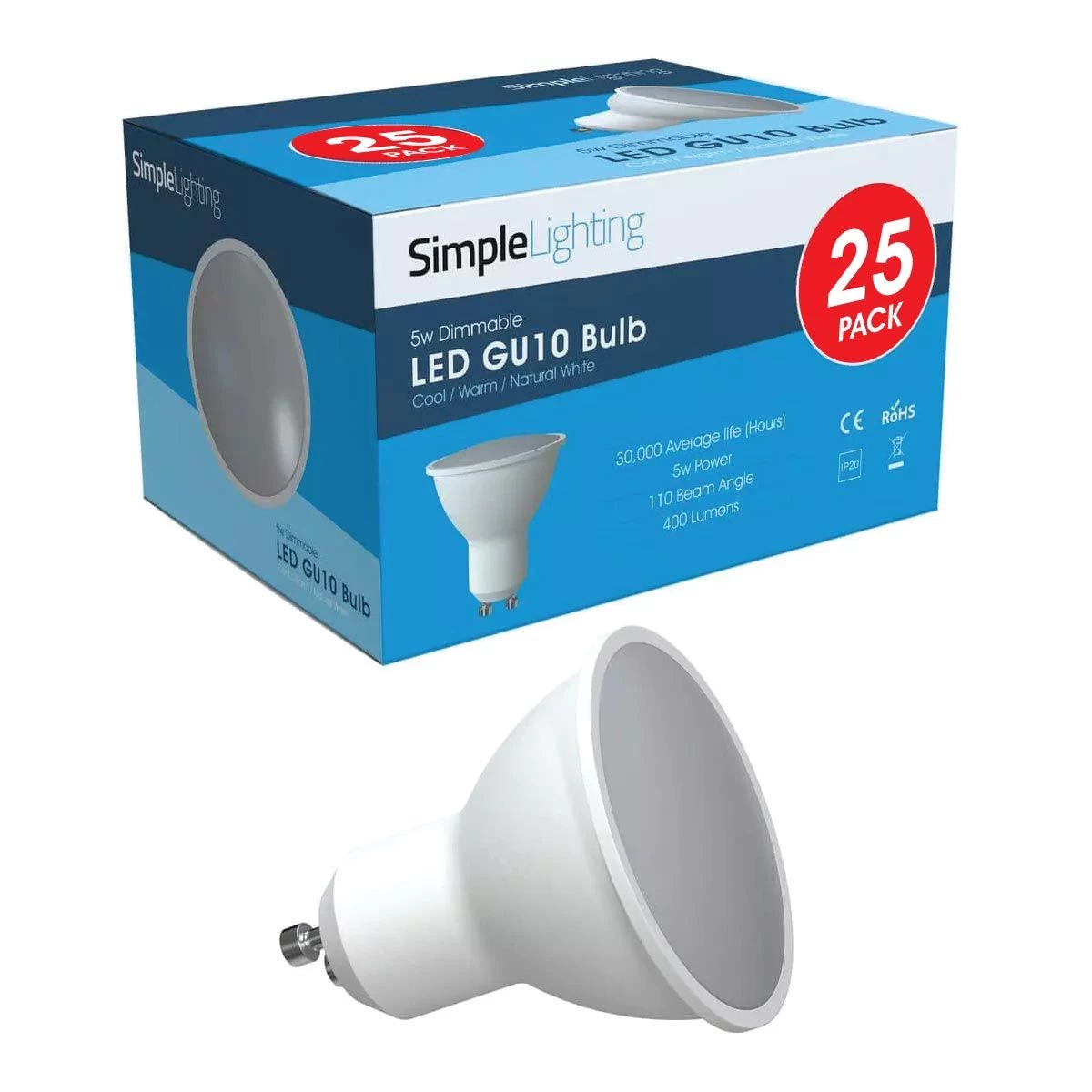 Pack Of 25 5w Dimmable GU10 LED Bulbs In Cool, Natural Or Warm White Light 1 Pack Of 25 5w Dimmable GU10 LED Bulbs In Cool, Natural Or Warm White Light