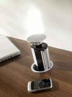 Pop Up Plug Socket, Silver Top With USB Charging & 3 X UK Plug Sockets -LED Downlights Store half closed pop up plug socket