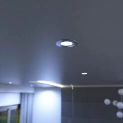 Pack Of 50 6w, Colour Adjustable Fire Rated Downlights, Brushed Chrome -LED Downlights Store medium close up shot of a mounted cool white brushed chrome downlight 2