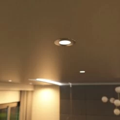 Pack Of 50 6w, Colour Adjustable Fire Rated Downlights, Brushed Chrome -LED Downlights Store medium close up shot of a mounted warm white brushed chrome downlight 2