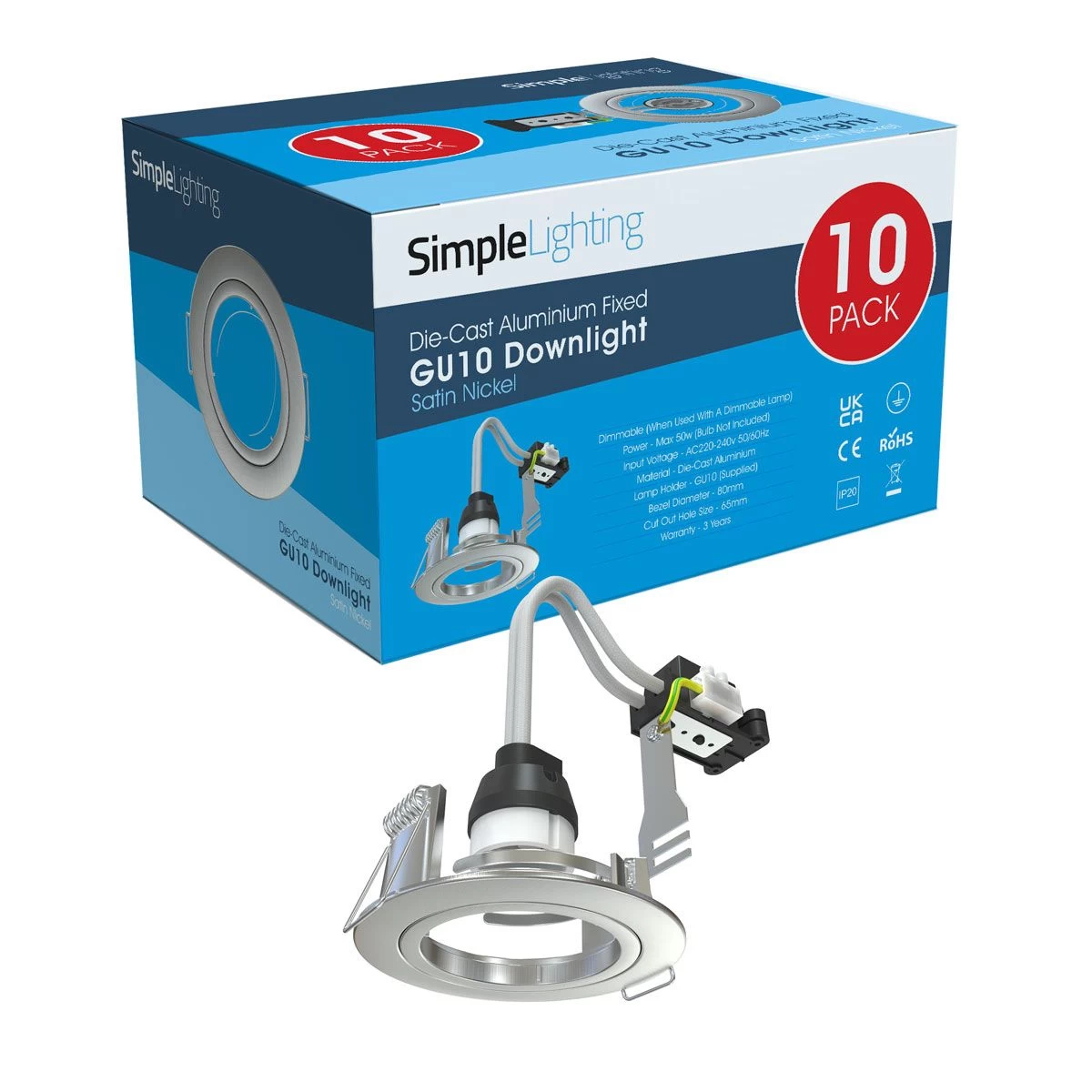 Pack Of 10 GU10 Downlight, Fixed Die Cast In A Brushed Chrome Finish 1 Pack Of 10 GU10 Downlight, Fixed Die Cast In A Brushed Chrome Finish