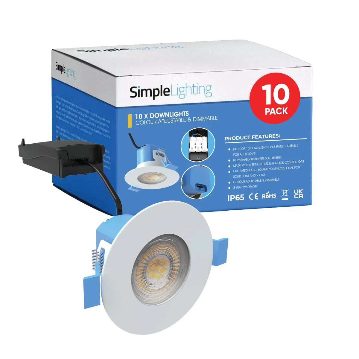 Pack Of 10 6w, Colour Adjustable Fire Rated Downlights, White 1 Pack Of 10 6w, Colour Adjustable Fire Rated Downlights, White