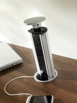 Pop Up Plug Socket, Silver Top With USB Charging & 3 X UK Plug Sockets -LED Downlights Store satin chrome pop up plug socket