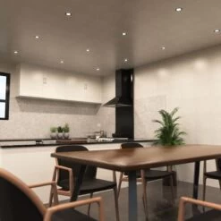 Pack Of 25 Matt Black GU10 Fire Rated Downlights -LED Downlights Store side angle of a kitchen with black led downlights 1