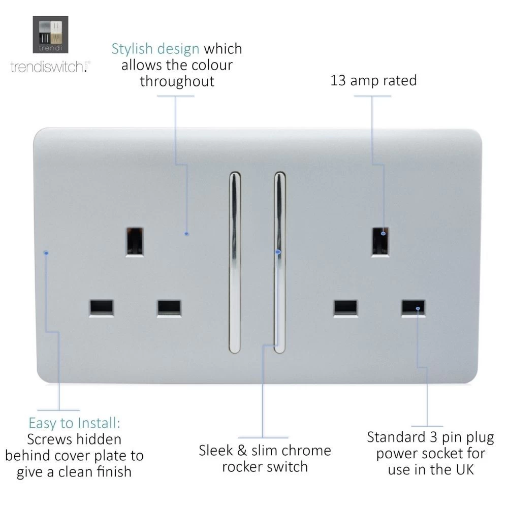 Trendi 2 Gang Artistic Modern Glossy Screwless 13 Amp Double Plug Socket Silver 3 Trendi 2 Gang Artistic Modern Glossy Screwless 13 Amp Double Plug Socket Silver - Image 3
