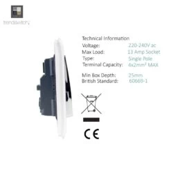 Trendi 2 Gang Artistic Modern Glossy Screwless 13 Amp Plug Socket, White -LED Downlights Store skt213lwh rear detailed 1000x1000 1