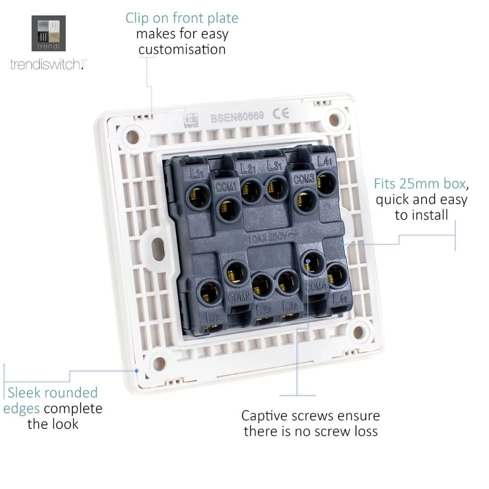 Trendi 4 Gang 2 Way Artistic Modern Glossy Screwless 10 Amp Rocker Light Switch White 3 Trendi 4 Gang 2 Way Artistic Modern Glossy Screwless 10 Amp Rocker Light Switch White - Image 3