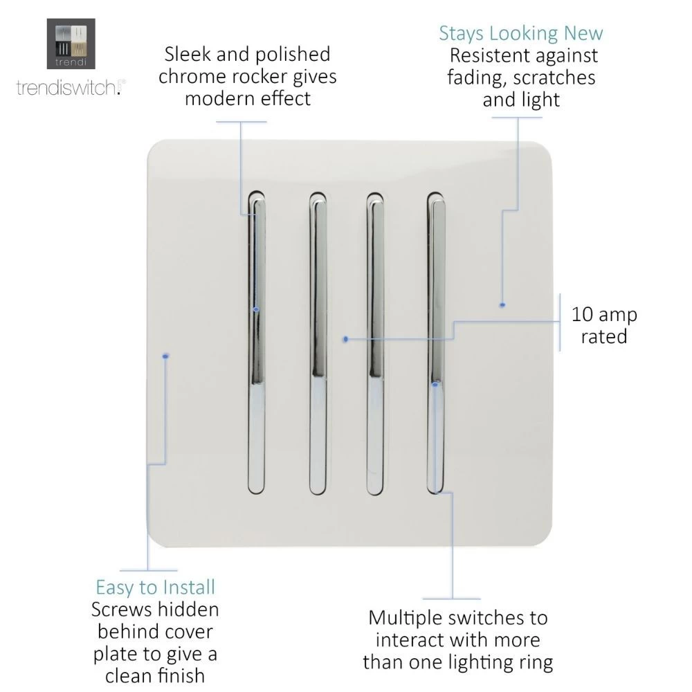 Trendi 4 Gang 2 Way Artistic Modern Glossy Screwless 10 Amp Rocker Light Switch White 2 Trendi 4 Gang 2 Way Artistic Modern Glossy Screwless 10 Amp Rocker Light Switch White - Image 2