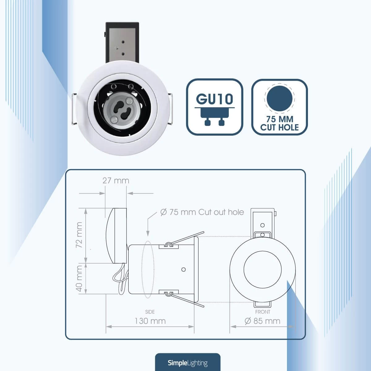 Pack Of 10 Fixed GU10 Die-Cast Fire Rated Downlights In A White Finish 3 Pack Of 10 Fixed GU10 Die-Cast Fire Rated Downlights In A White Finish - Image 3