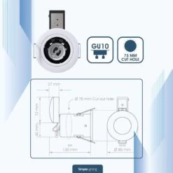 Pack Of 50 Die-Cast Fixed GU10 Fire Rated Downlights In A White Finish -LED Downlights Store white fixed gu10 die cast fire rated downlight dimensions 2