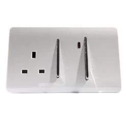 Trendi Artistic Modern Glossy Cooker Control Panel 13amp Socket With 45 Amp Cooker Switch With Neon Insert White