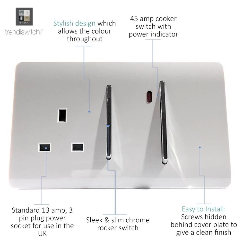 Trendi Artistic Modern Glossy Cooker Control Panel 13amp Socket With 45 Amp Cooker Switch With Neon Insert White 2 Trendi Artistic Modern Glossy Cooker Control Panel 13amp Socket With 45 Amp Cooker Switch With Neon Insert White - Image 2